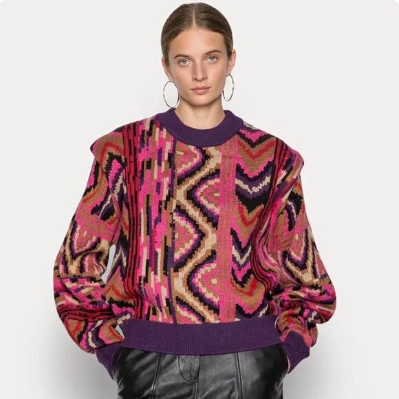 Farm Rio Striped Patchwork Sweater Size Medium - Picture 6 of 14